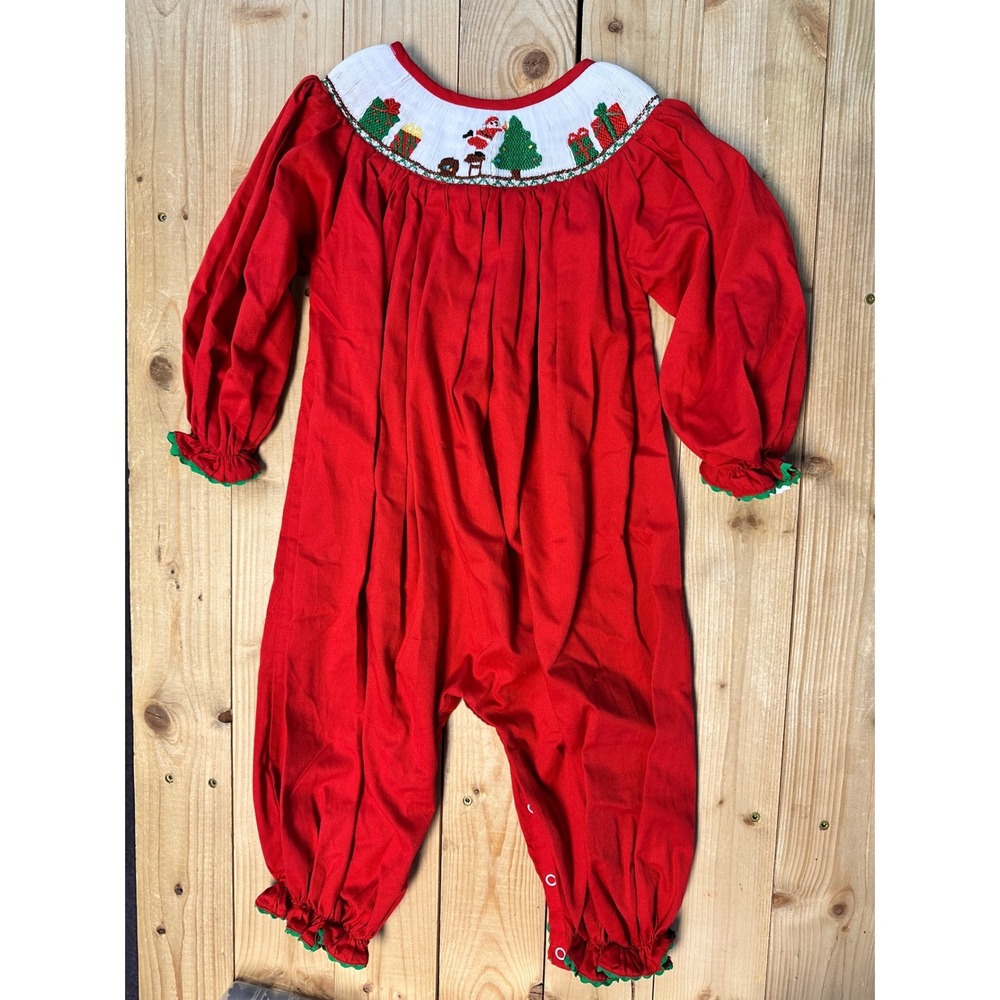 Smocked Christmas Santa Trees Presents Romper Baby Girl Size 2 Red‎